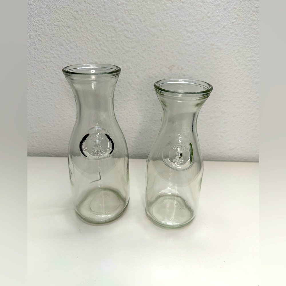 2 Vintage Embossed Paul Masson "Since 1852" Glass Milk Bottle Carafe Decanter 9”